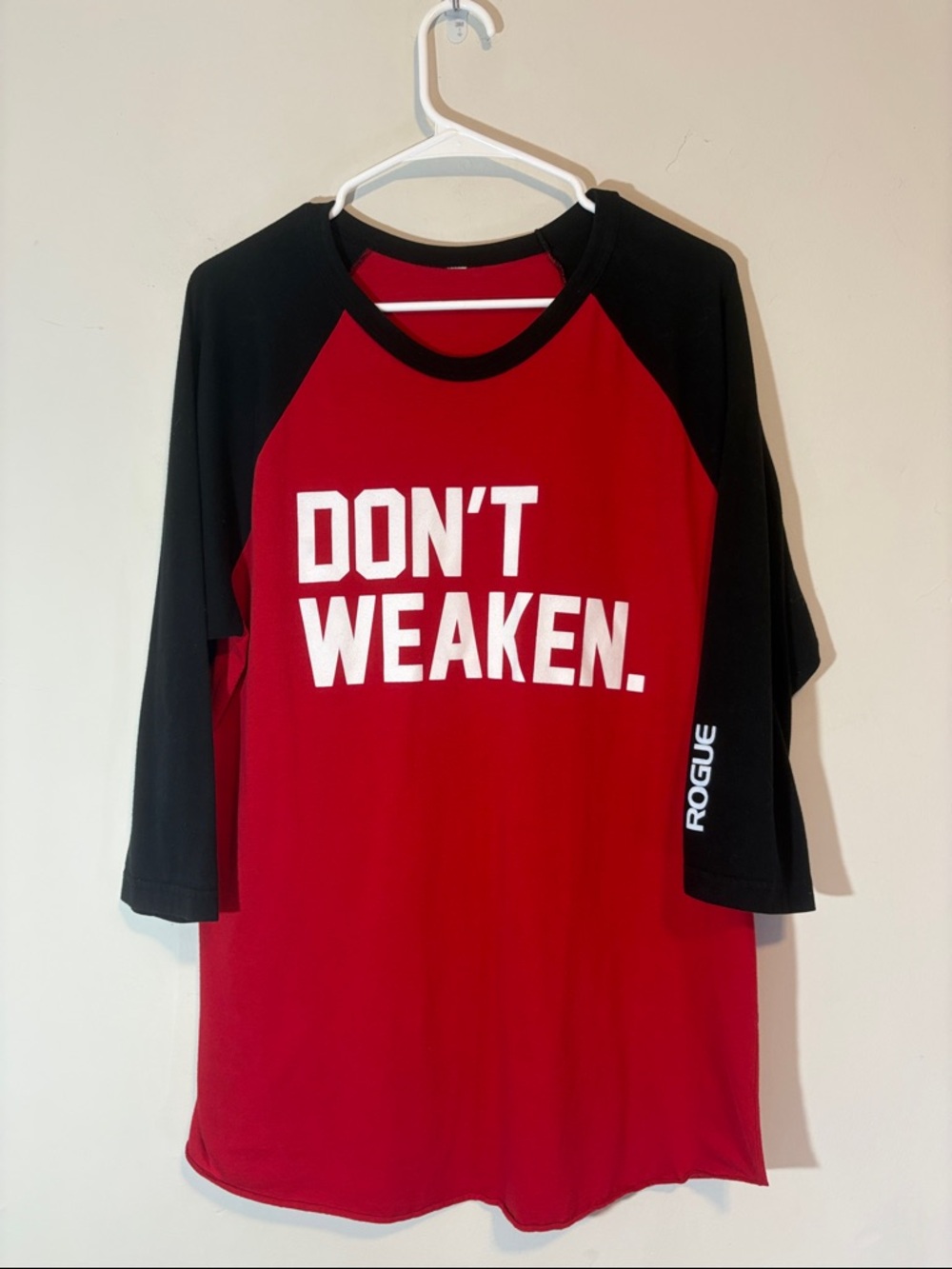 Rogue Don’t Weaken Black and Red Baseball Style Color Block Quarter Sleeve Tee